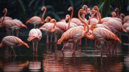Obraz premium A group of flamingos wading in shallow water, showcasing their vibrant pink plumage.