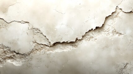 Obraz premium Cracked Plaster Texture: A detailed close-up shot reveals the intricate network of cracks in a light beige plaster wall, showcasing a distressed, aged, and textured surface.