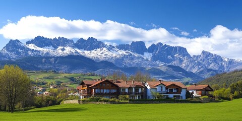 Obraz premium Beautiful mountain landscape with stunning snow-capped peaks. A serene view of a picturesque house in the foreground. Perfect for travel and nature themes. Explore this tranquil scenery. AI