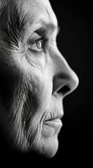 Close up of the face of a old female showing sorrow and sadness, reactions, emotions, or everyday life situations.