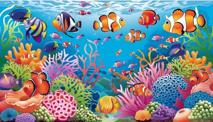 Fototapeta na wymiar A vibrant underwater scene with colorful coral reefs and a variety of fish swimming in the clear blue water.