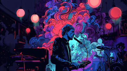 illustration of a music band performing live on stage with colorful lights