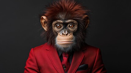 Monkey in Formal Red Suit Against Dark Background Portrait