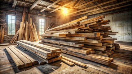 Sunlit Warehouse Filled with Stacks of Rustic Lumber Beams and Planks