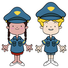 Boy and girl cartoon characters wearing police officer costume and playing. Best for sticker, logo, and mascot with profession themes for kids © taggtoon