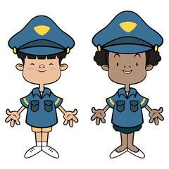 Boy and girl cartoon characters wearing police officer costume and playing. Best for sticker, logo, and mascot with profession themes for kids © taggtoon