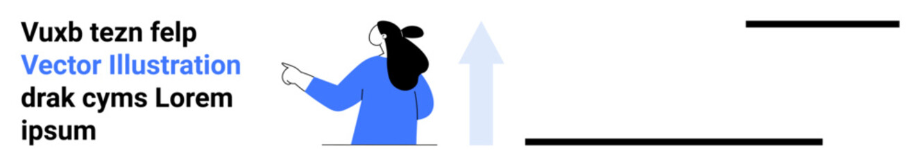 Woman with black hair, in blue clothing, pointing to upward arrow. Text placeholders on left and right. Ideal for business growth, progress, success, presentations, reports, infographics, websites