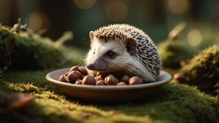 Obraz premium A hedgehog sitting on moss with a bowl of hazelnuts, surrounded by a serene forest backdrop.