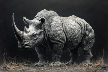 Fototapeta premium Studio Rhino Portrait, Dark Background, Savannah Grass, Wildlife Conservation