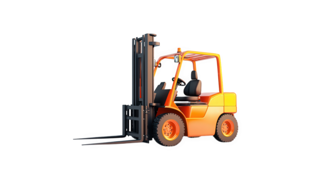 bright orange forklift. designed for lifting and transporting heavy loads in industrial settings it has a sturdy frame. two long forks at the front. and a comfortable driver's seat. showcasing its pur