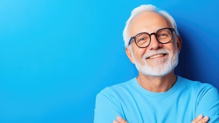Elderly Caucasian man with glasses happily smiles in front of blue background
