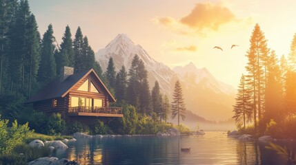 Fototapeta premium Serene Cabin by the Mountain Lake at Sunset