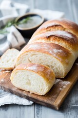 Naklejka premium Rustic loaf with a golden crust served on a wooden board
