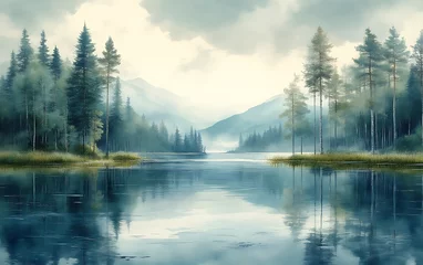 Wandcirkels Mistig bos Serene lake reflecting misty mountains and pine forest.  © Sam