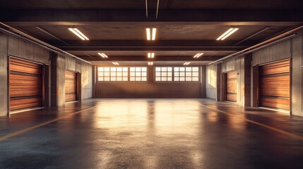 Large, empty car garage with warm, soft light filtering through open garage doors 