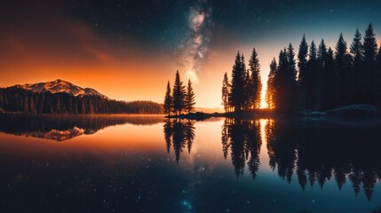 Obraz premium Breathtaking Sunset Reflection on Serene Mountain Lake in Lush Forested Wilderness