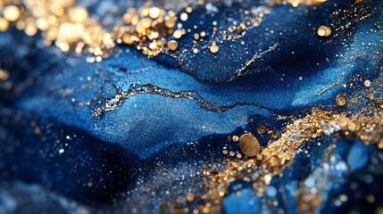 Close-up of shimmering blue and gold particles, highly detailed, luxurious and elegant, vibrant and dynamic, magical and beautiful, striking and captivating atmosphere