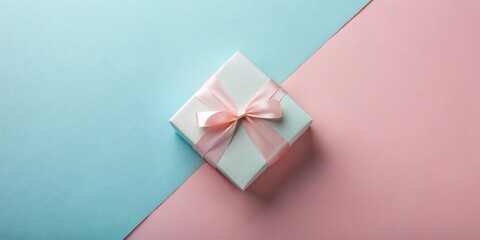 A pastel-colored gift box with a delicate pink ribbon, resting on a vibrant blue and pink background