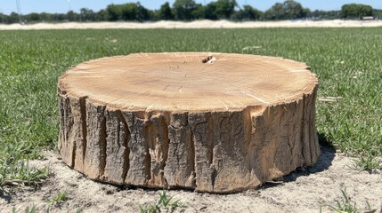 Fototapeta premium An old tree stump with visible cracks and wood grain rests on the ground, while a small bird pecks at something nearby in the grass