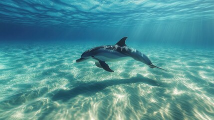 Fototapeta premium Dolphin swimming shallow ocean sunlight sandy bottom underwater