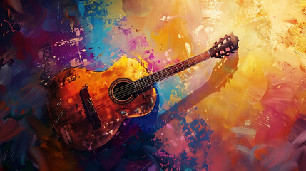 Obraz premium Acoustic guitar on abstract colorful watercolor background. Music concept.