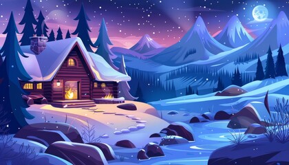 A cozy cabin nestled in a snowy mountain valley at night with a moon shining brightly in the sky.