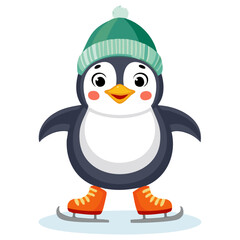 Naklejka premium Cute penguin on ice skates and hat vector illustration. Children's image of northern animal skating on ice in winter on isolated background. For prints and postcards. 