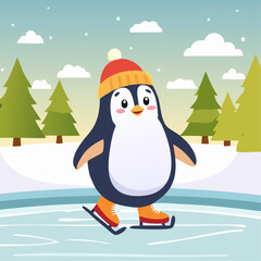 Naklejka premium Cute penguin on ice skates on the background of winter trees winter vector illustration. Children's image of a winter character on a skating rink in the forest. Christmas background for postcards and 