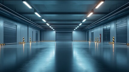 Fototapeta premium Minimalist empty garage with strategic lighting creating balance and symmetry across the space 