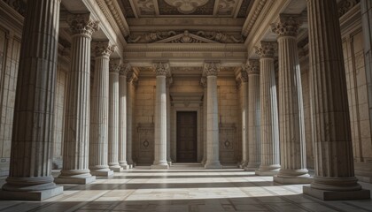 Naklejka premium Sunlit Classical Columns in Grand Marble Hallway: Architecture, Ancient Greece, Roman, Interior Design, Luxury, Grandeur, Power.