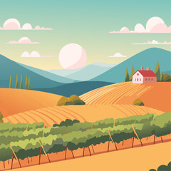 Vineyard landscape vector illustration. Agricultural fields for growing grapes and winemaking.