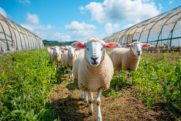 Farm life comes alive as sheep stroll through the green fields under a bright blue sky