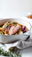 Farm-fresh pork roast with parsnips and cider sauce in Dutch oven