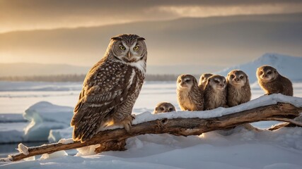 A majestic owl stands on a branch, surrounded by six smaller owls in a snowy landscape.