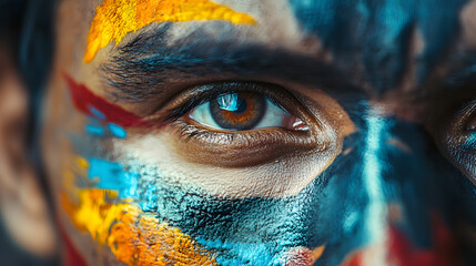 Closeup of human eye with vibrant tribal art face paint in vivid colors : Generative AI