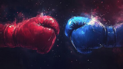 Red and Blue Boxing Gloves Clashing in a Colorful Abstract Background