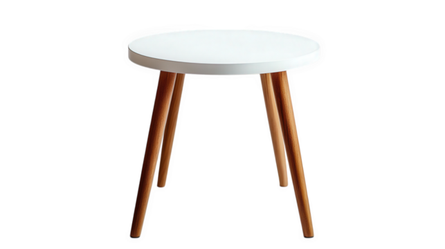 a minimalist round table with a white top and wooden legs. designed for functional use in various settings such as homes or offices this piece exemplifies modern furniture design. emphasizing simplici