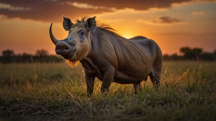 Obraz premium A warthog stands in a grassy field against a vibrant sunset backdrop.