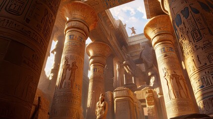 Adventurer explores ancient Egyptian temple ruins under bright sun