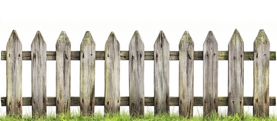 Obraz premium Rustic wooden picket fence, grass bottom, white background, website design