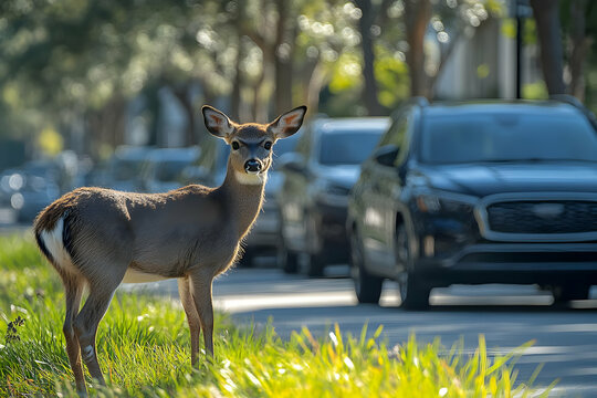 A young deer stands alertly by a busy city road, sunlight illuminating its spotted coat and the surrounding green grass.