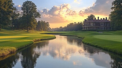 Fototapeta premium Sunrise golf course mansion scenic view