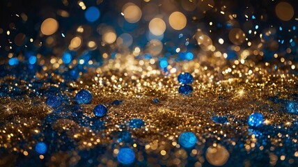 Abstract Glitter Lights Background in Blue, Gold, and Black – Defocused Bokeh Effect