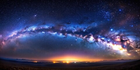 Obraz premium A Night Sky Panorama Featuring a Majestic Milky Way Galaxy Arcing Over a Serene Landscape with Distant Lights