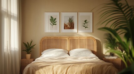 Cozy Bedroom with Natural Decor and Serene Color Palette