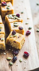 Golden bulgur bars with cranberries and pumpkin seeds on wooden board