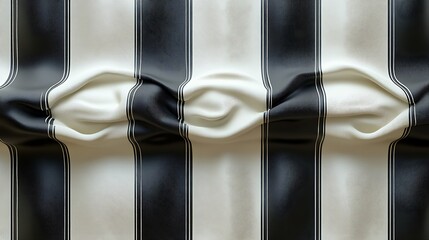 Naklejka premium Draped Stripes: Abstract image of black and off-white fabric with vertical stripes, artfully draped to create dynamic folds and textures.