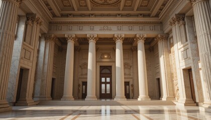 Naklejka premium Grand Classical Marble Hallway Interior: Ancient Architecture, Columns, Sunlight, Luxury, Palace, Entrance.