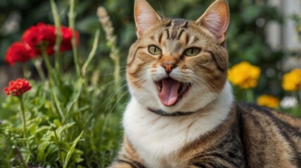 Obraz premium Cute cat stick out his tongue in the garden