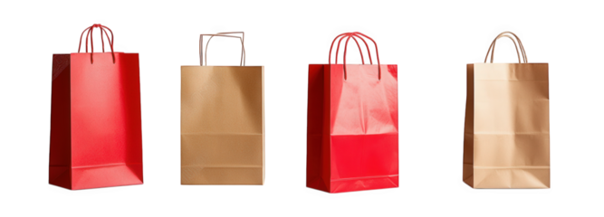 four shopping bags arranged in a row. showcasing a mix of red and brown colors these bags are typically used for retail purposes. ideal for carrying purchased items their simple design highlights func